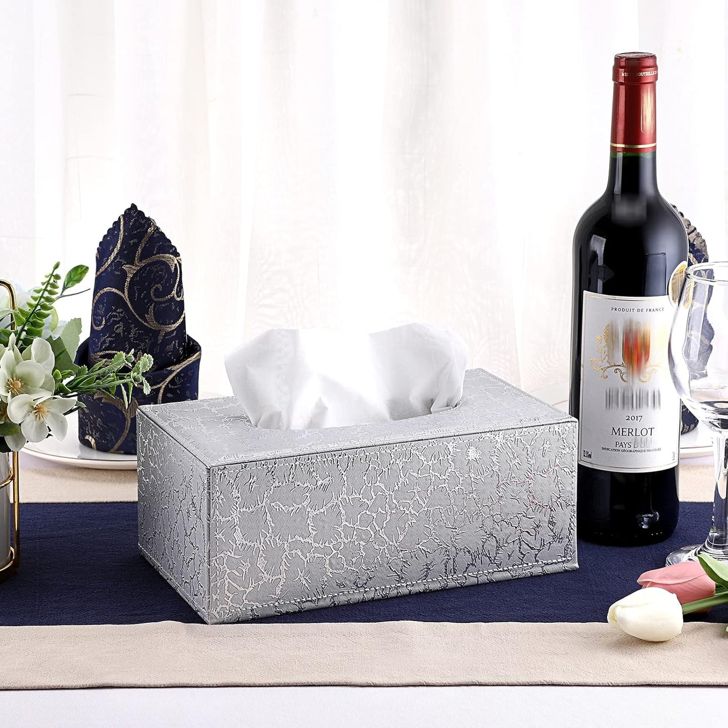 Sumnacon Rectangular Leather Tissue Box Cover - Stylish Tissue Box Holder with Magnetic Bottom, Decorative PU Tissue Box for Vanity Dresser Night Stand Table Countertop Home Office Car, Silver