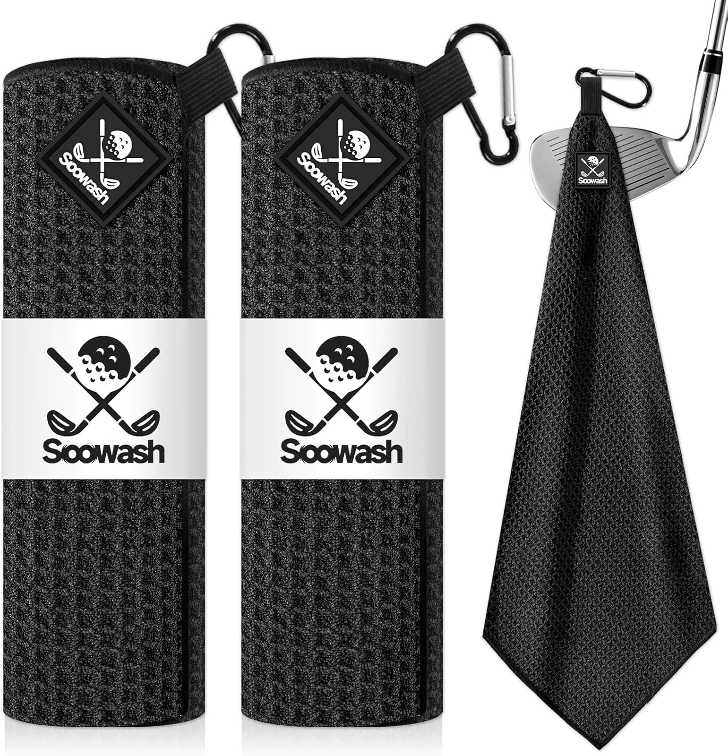 Magnetic Golf Towel 2-Pack, 18x18 Inch Microfiber Waffle Design with Strong Magnet - Golf Towels for Golf Bags/Carts, Quick-Dry & Ultra Absorbent(Black)