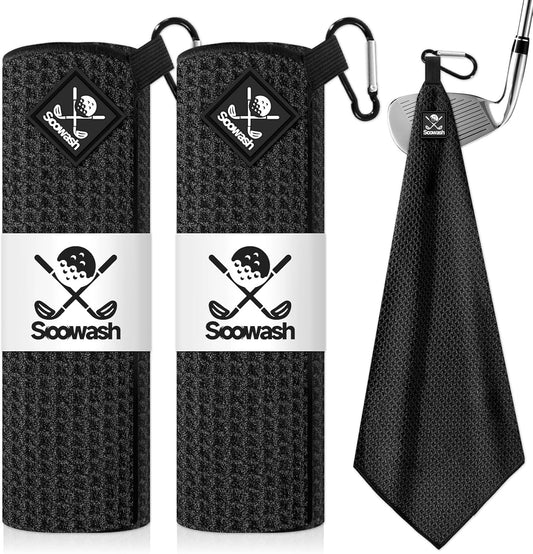 Magnetic Golf Towel 2-Pack, 18x18 Inch Microfiber Waffle Design with Strong Magnet - Golf Towels for Golf Bags/Carts, Quick-Dry & Ultra Absorbent(Black)