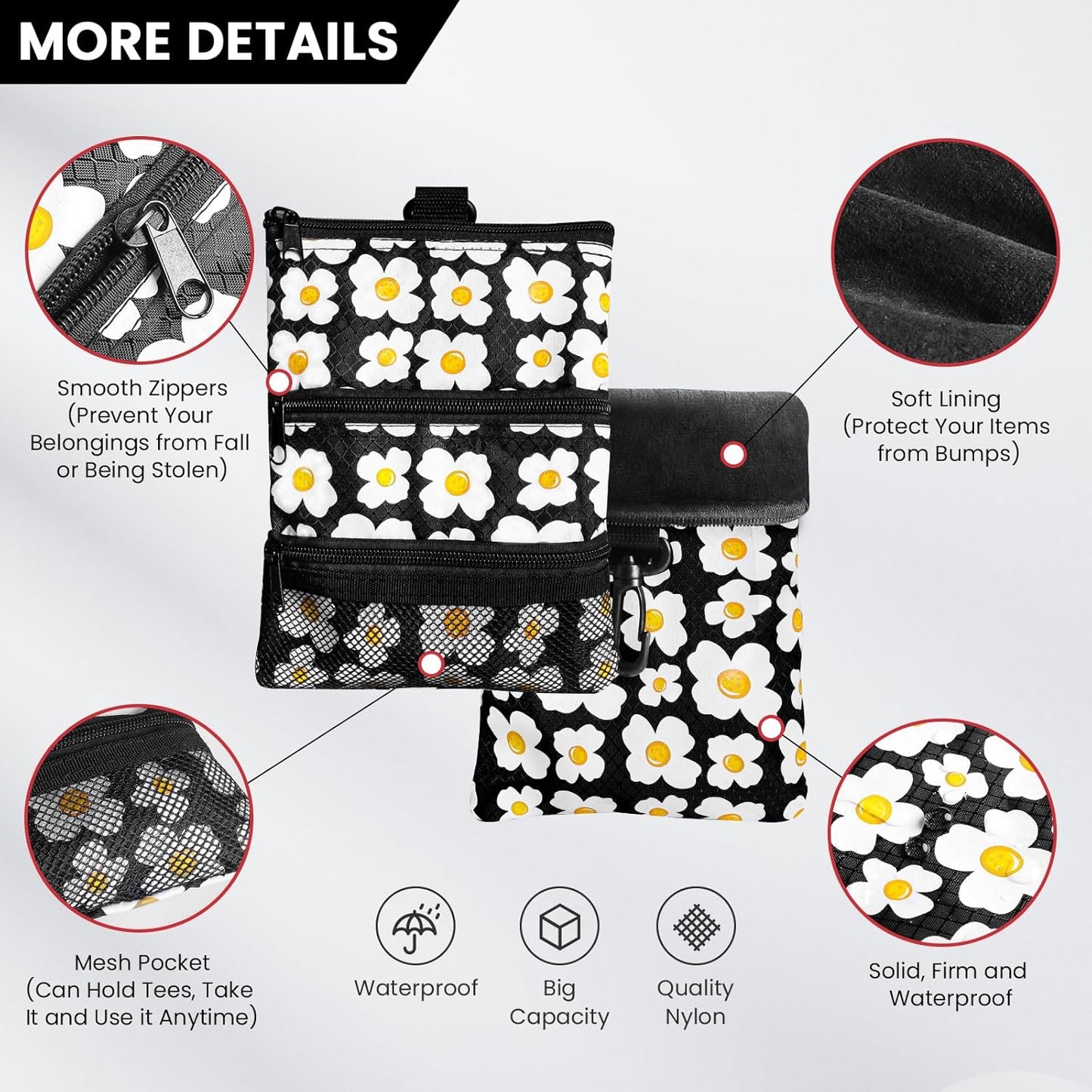 Golf Bag Accessories Valuables Pouch Bags Multi Pocket Zipper Hook with 10 Pcs Wood Golf Tees for Men Women