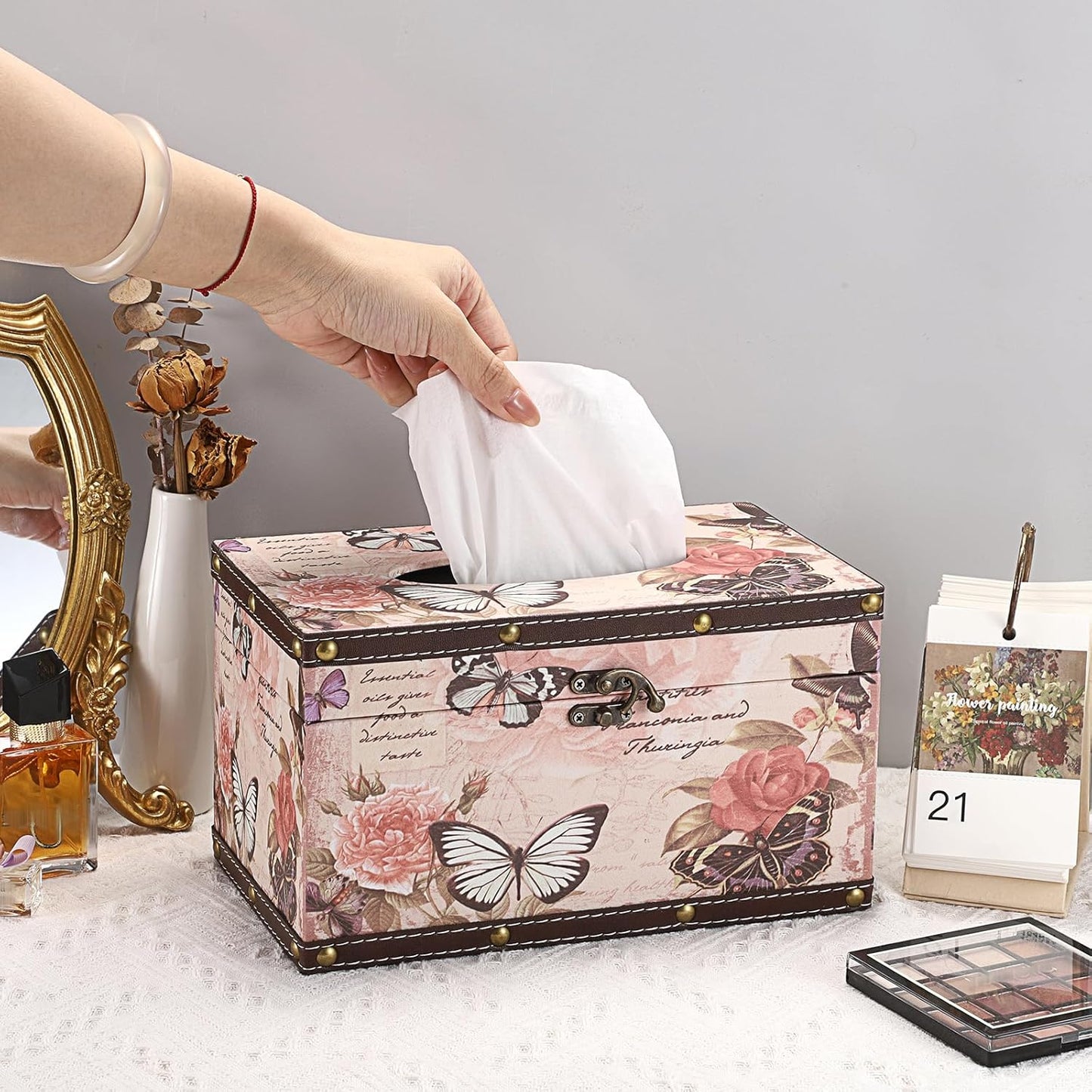 Sumnacon Tissue Box Cover Rectangle Wood Tissue Box with Hinged Lid,Vintage PU Tissue Box Holder Retro Pink Tissue Cover for Bathroom Toilet Bedroom Kitchen Office Table Desk, Large