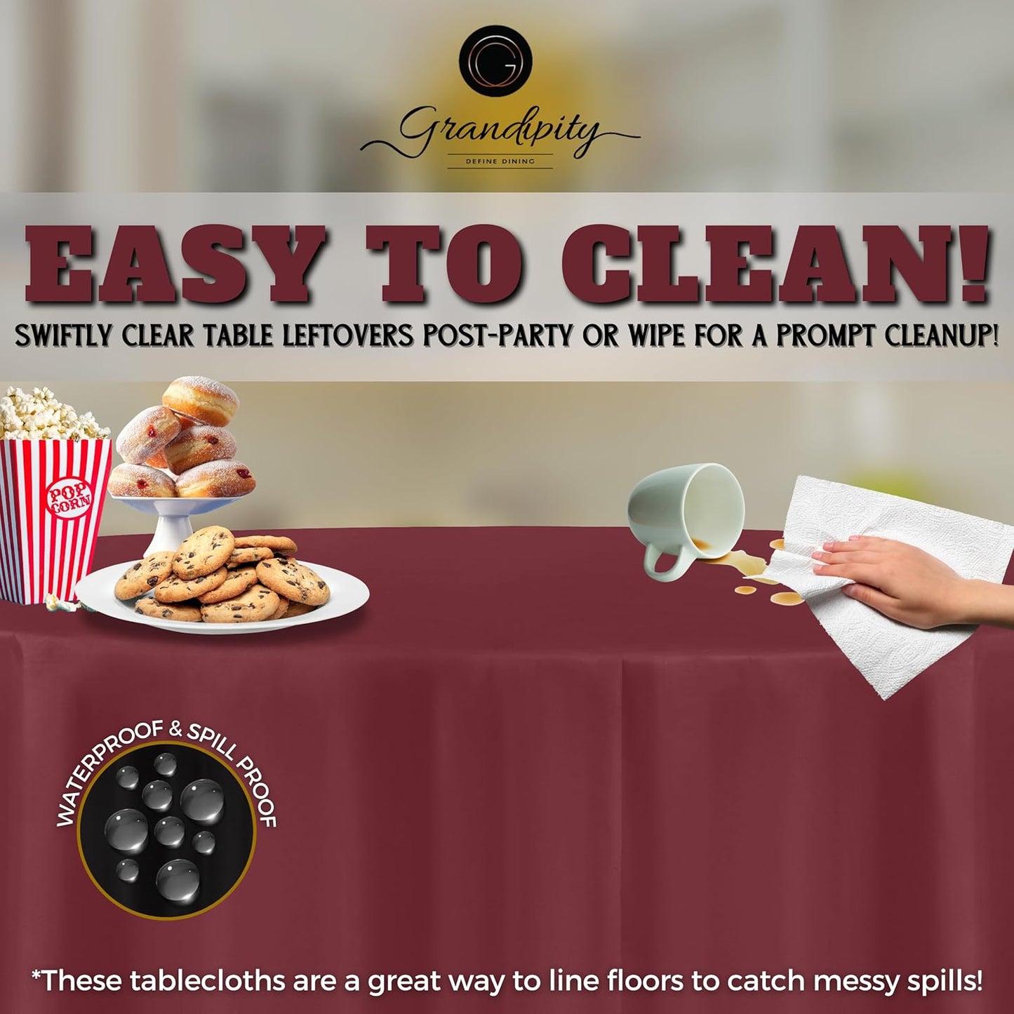 Grandipity 12 Pack Premium Disposable Plastic Tablecloth 84" Inch Decorative Round Table Cover - Burgundy