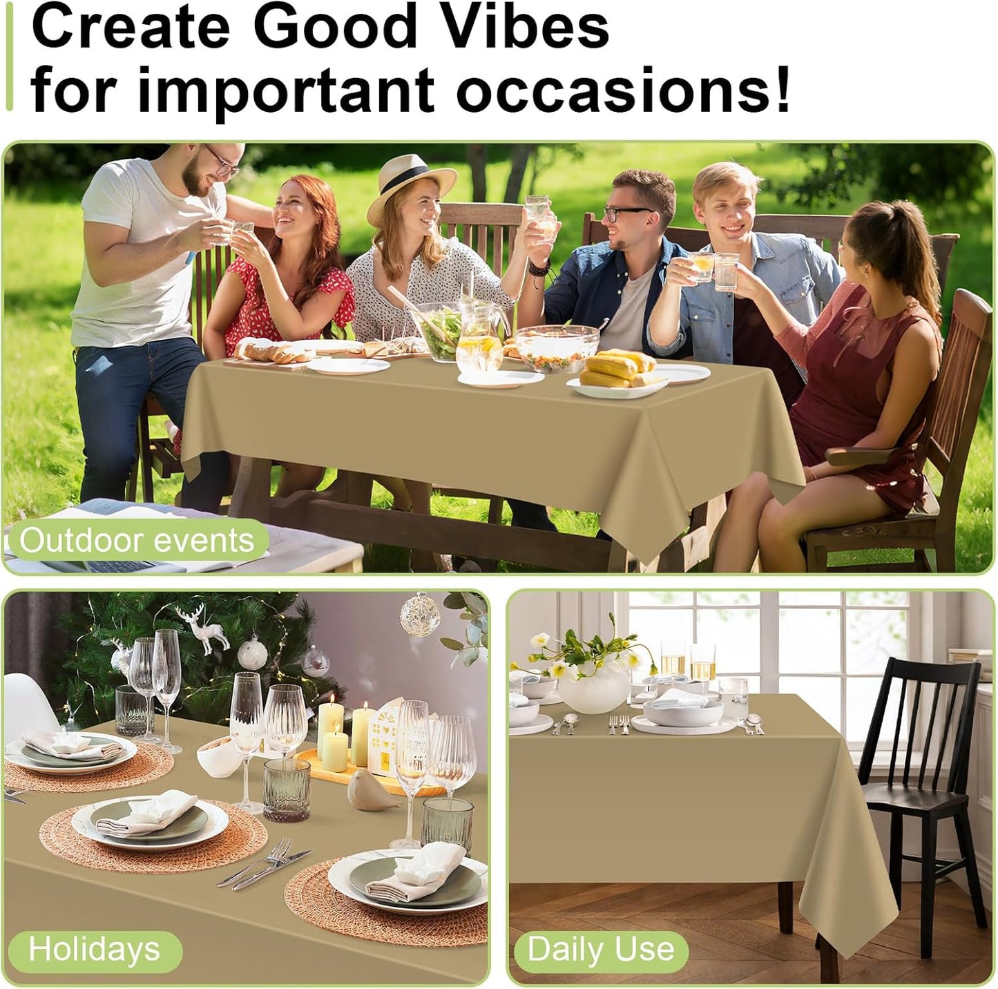 QIKSION Plastic Table Cloth Disposable 6 Pack, 54 x 108 Inch Tablecloths for Rectangle Tables, Gold Plastic Table Cover