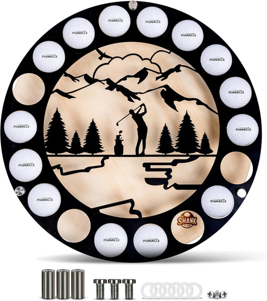 Circular Golf Ball Display Case for 18 Balls – Wall Mount Golf Ball Holder Display with Metal & Wood Design, Customized Wooden Backing, Easy Drill-Free Mounting – Gift for Golf Enthusiasts