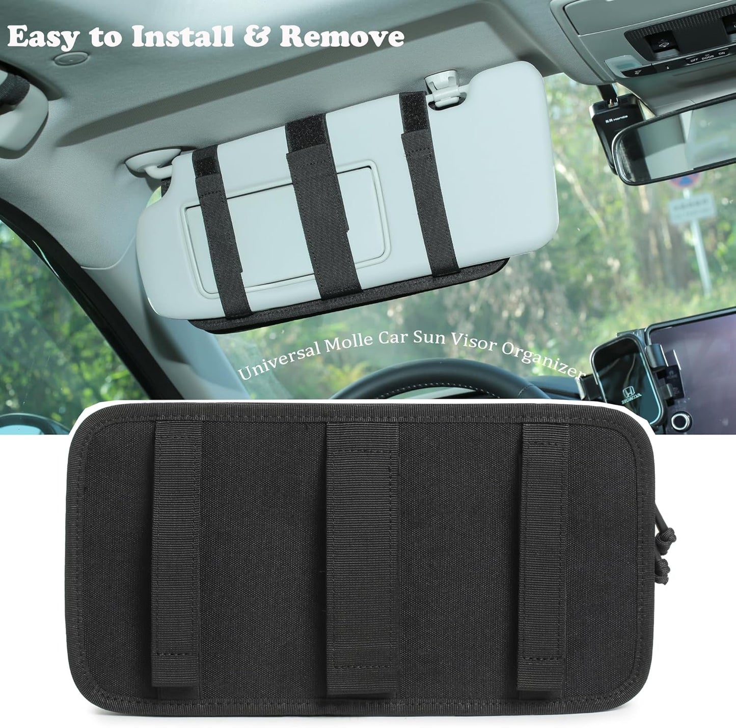 Heavy Duty Molle Car Sun Visor Organizer - Tactical Car Accessories with Zipper Visor Storage Pouch,Glasses Clip and Card Sleeve Pocket, Multi-Pocket Visor Organizer Storage Pouch for Cars SUVs Trucks