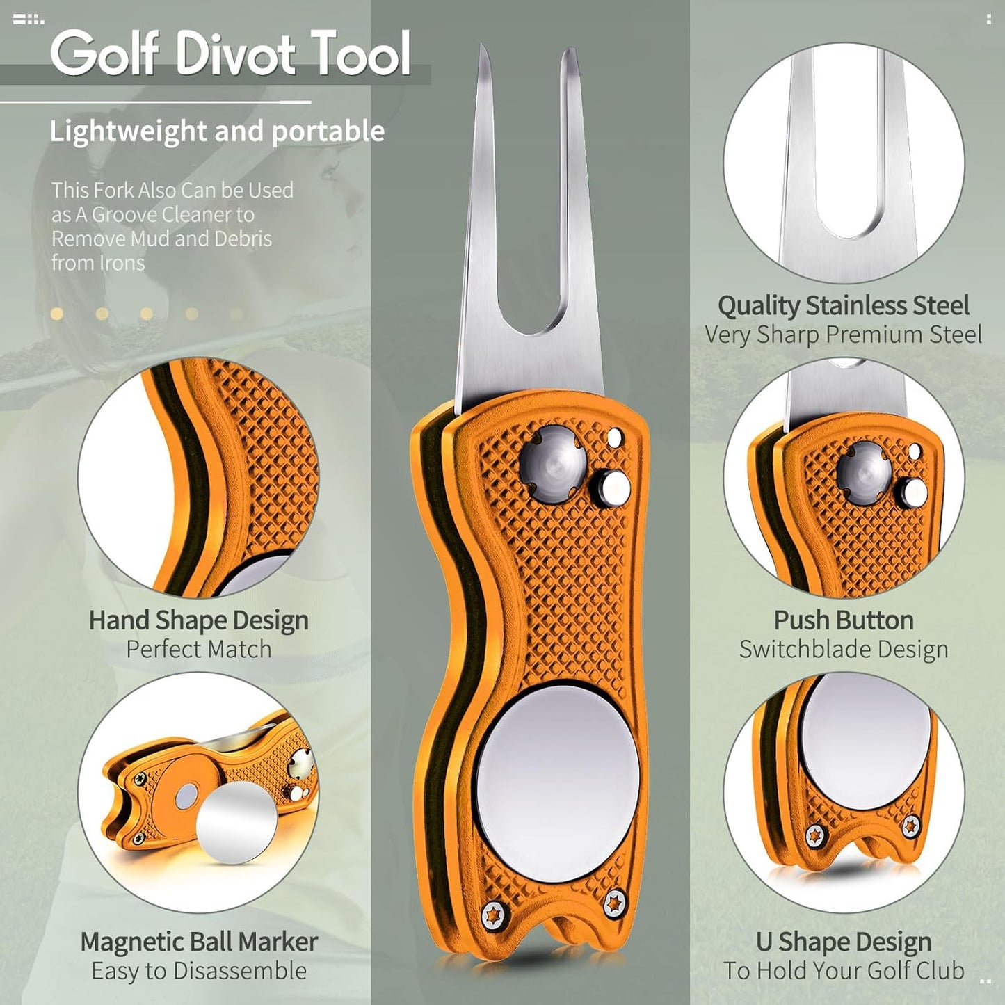 Skylety 4 Pcs Golf Divot Repair Tool Metal Foldable Golf Divot Tool with Magnetic Pop-up Button Ball Marker Stainless Steel Switchblade for Golfers Prizes