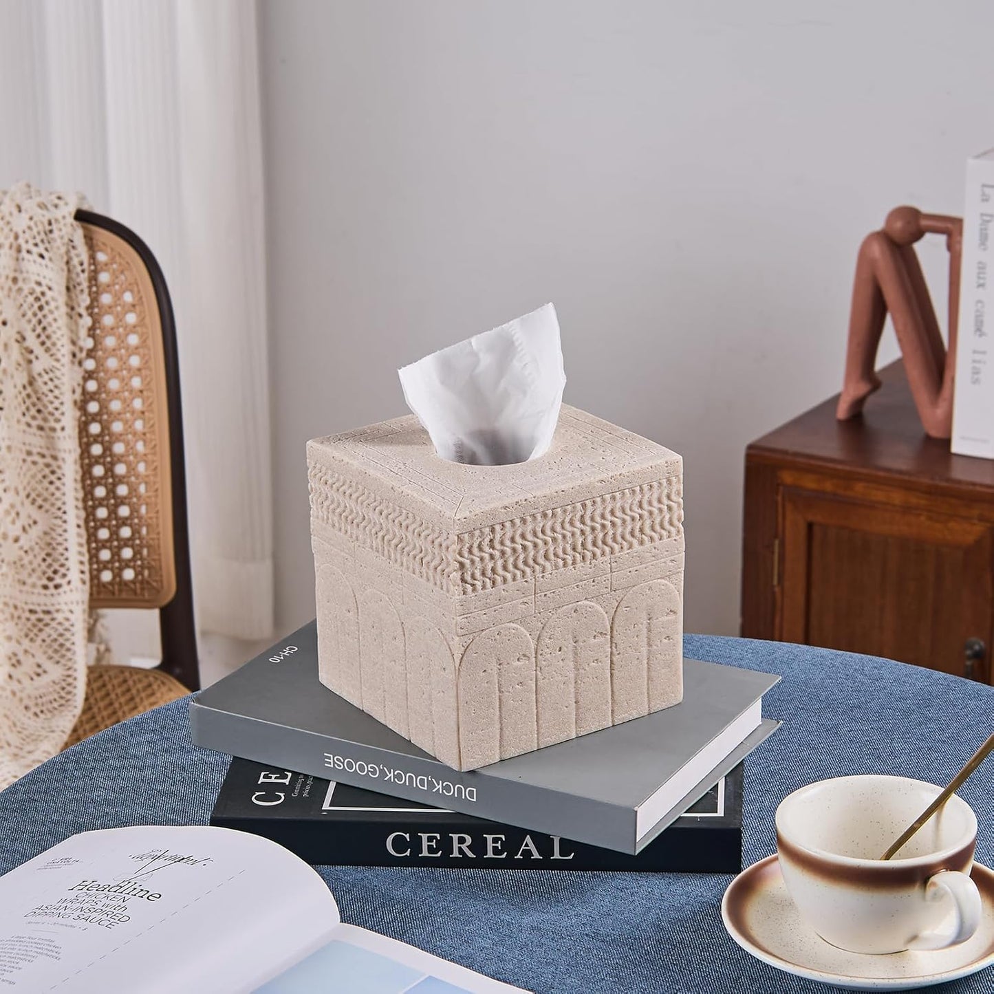 Sandstone Carved Pattern Tissue Box Cover – Modern Resin Cube Holder for Bathroom, Bedroom, Office – Decorative Square Tissue Box for Countertop, Nightstand, Vanity & Desk – Heavy&Sturdy