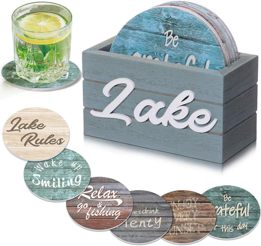 Queekay 6 Set Lake Theme Coasters with Holder for Drinks, Lake House Gifts for Lake Lovers, 4'' Wooden Coasters with Lake Sayings Housewarming Gifts for Home Lake Theme Bar Coffee Table Decorations