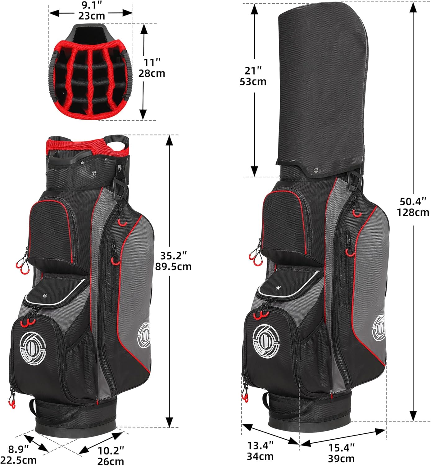 Golf Cart Bag, 15 Way Top Lightweight Golf Bag, Golf Club Cart Bags for Men Women with Full-Length Dividers, Dedicated Putter Well, Rain Cover Black and Red