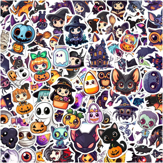 Halloween Style Cartoon Stickers Pack Cute Ghost Witch Pumpkin Cat Designs Vinyl Waterproof Non Repeating Holiday Party Decor for Kids Teens Lovers 108Pcs Hat Skateboard