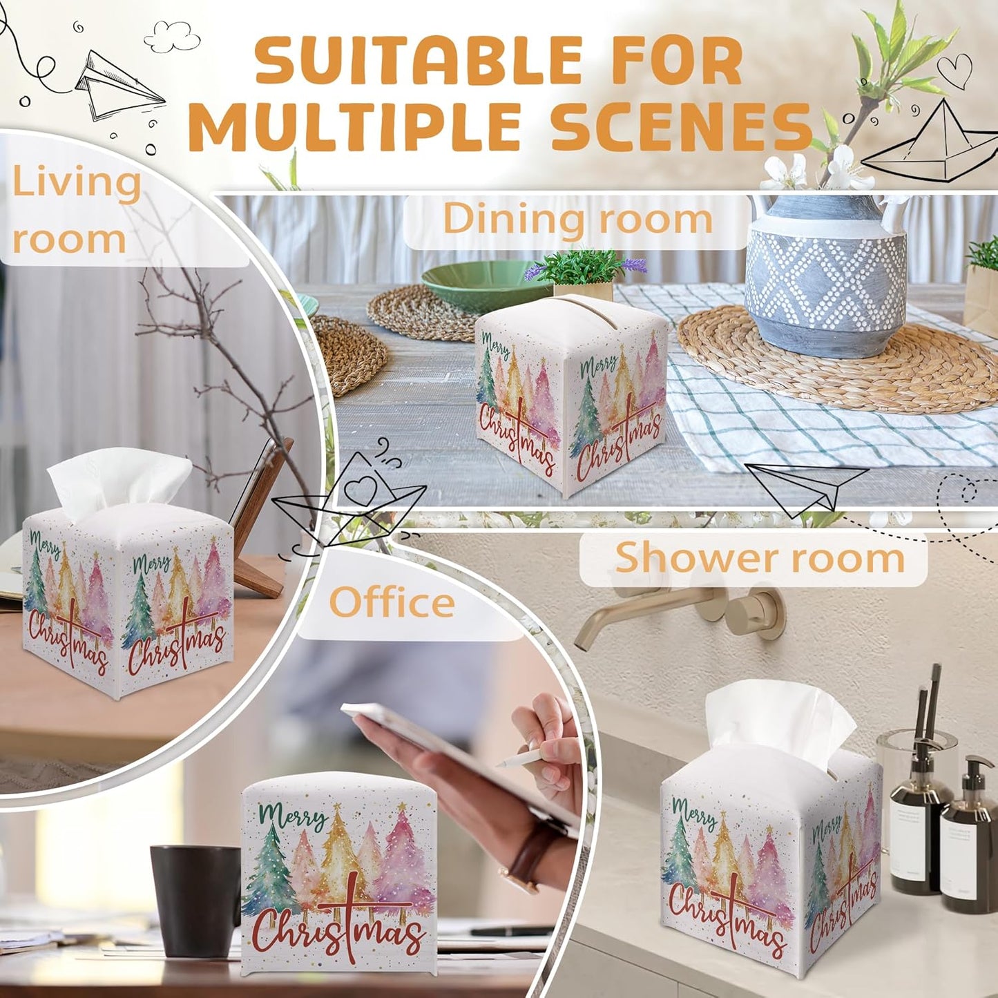 Merry Christmas Tissue Box Holder, Colorful Christmas Tree Leather Tissue Box Cover Square, Paper Facial Decorative Tissues Cover for Night Stands Bathroom Kitchen Office Home Decor-B14