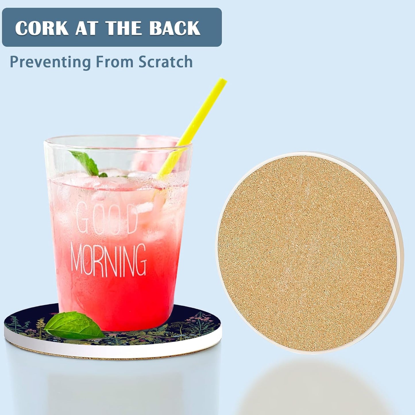 Coasters for Drinks, Set of 4 Absorbent Ceramic Coasters, Wild Flowers Herbs Botanical Design, Round Shape, Perfect for Coffee Table Protection