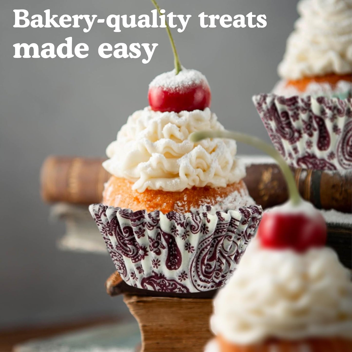 Regency Wraps Greaseproof Professional Grade Baking Cups, Pack of 40, Standard Liners, Burgundy Paisley, for Cupcakes, Muffins, Candy, Non Stick