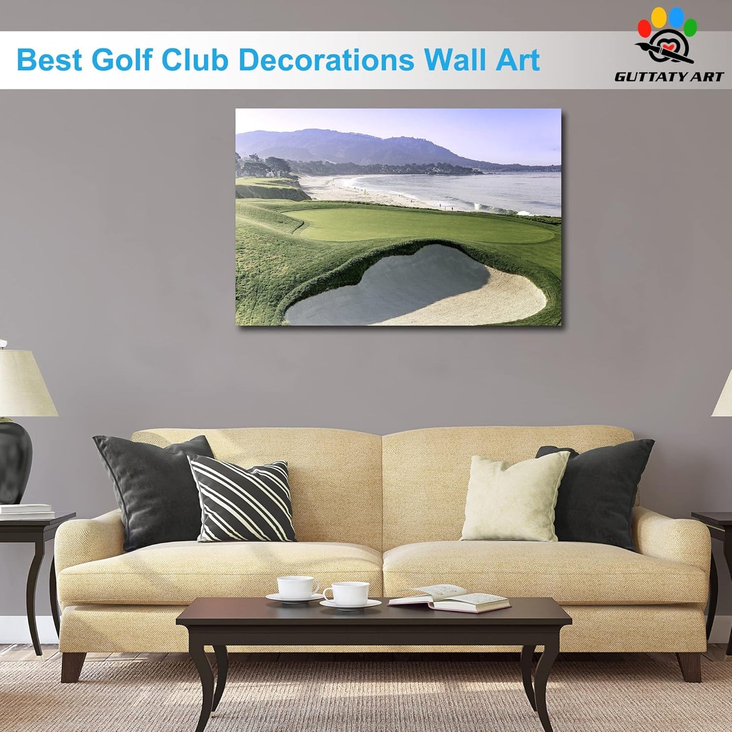 Beach Golf Wall Art, Pebble Beach Golf Links Spiritual Picture for Living Room Wall Decor, Outdoor Sports Golf Painting Prints Bedroom Kitchen Decor, Framed Artwork for Office Home 32x48 Inches