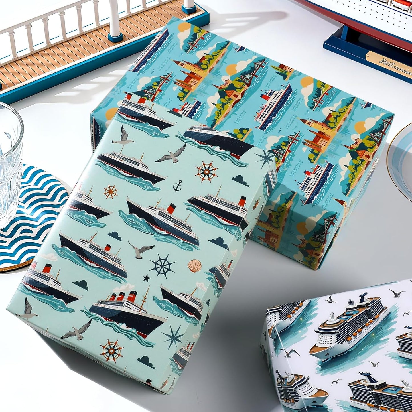Pineraap Cruise Ship Wrapping Paper 12 Sheets Nautical & Voyage Themed Gift Wrap for Cruise Lovers,Travel Enthusiasts,20"x28"