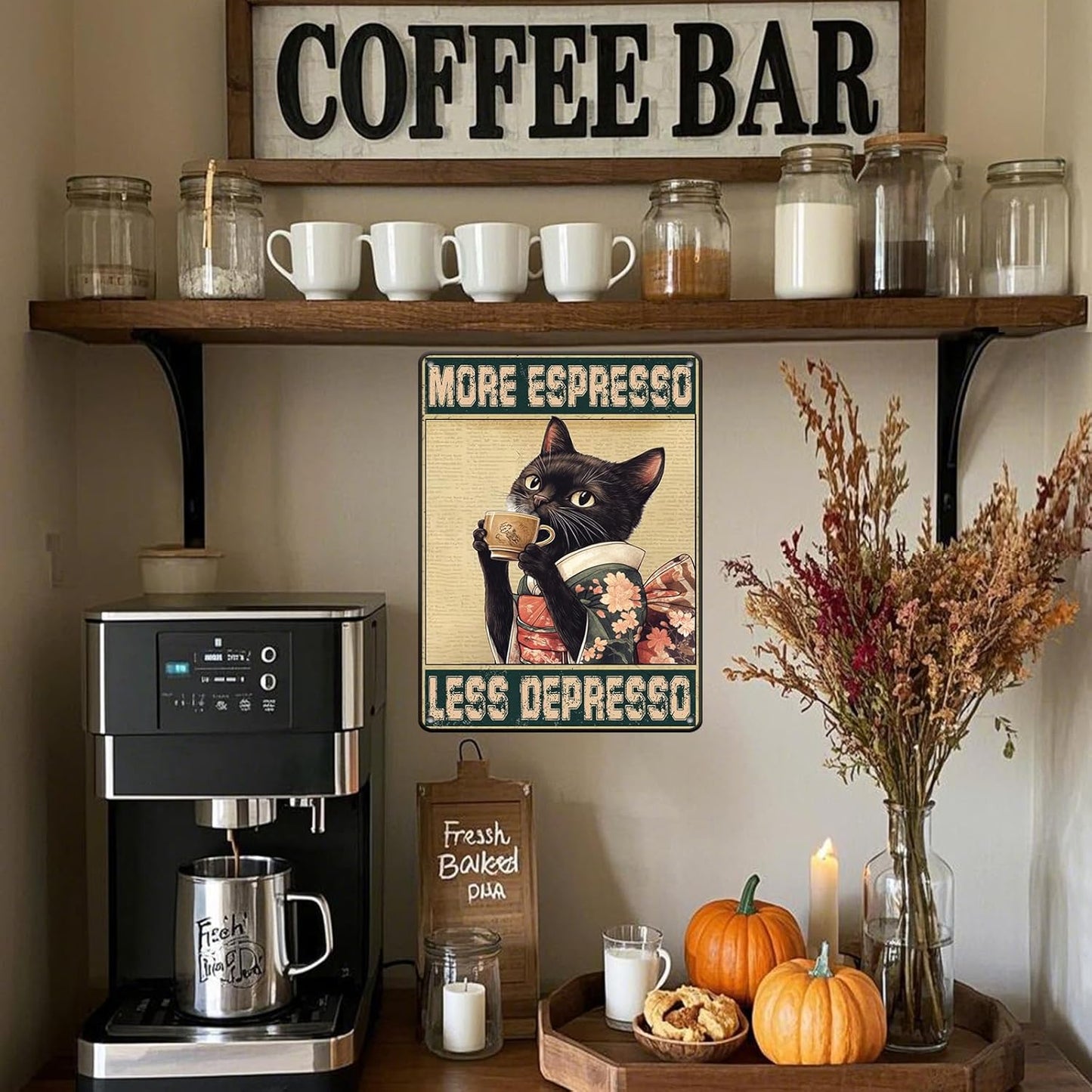 Coffee Cat Metal Posters More Espresso Less Depresso Metal Tin Sign Kimono Cat Bar Pub Sign Poster Home Decor Garage Bar Restaurant Kitchen Cafe Poster 12x16 Inch
