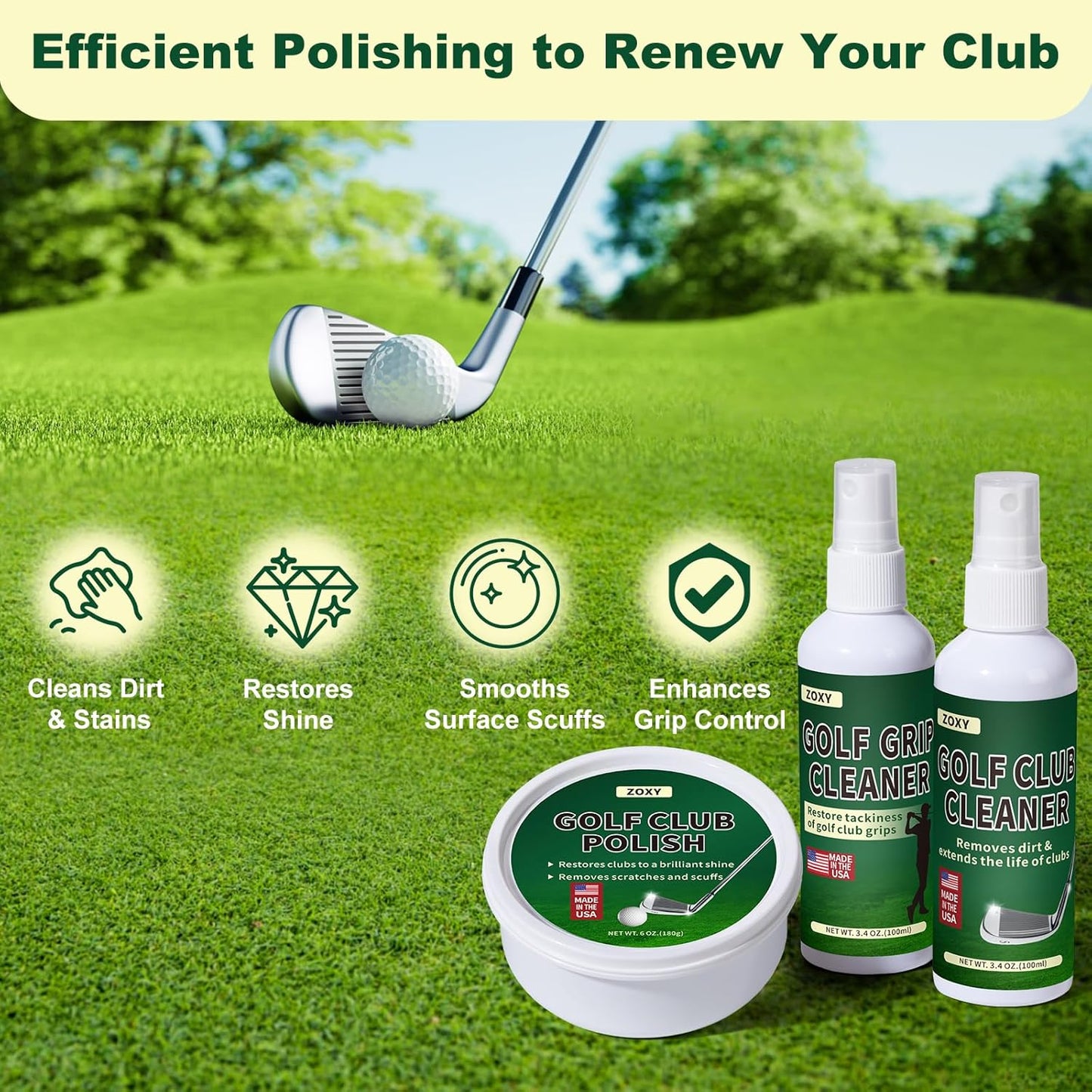 Golf Club Cleaning Kit–Clean, Polish, and Restore Irons, Drivers, Putters, Instant Rust, Buildup, Scuff–Golf Club Polishing Kit with Golf Club Cleaner, Polish, Solvent–Golf Accessories
