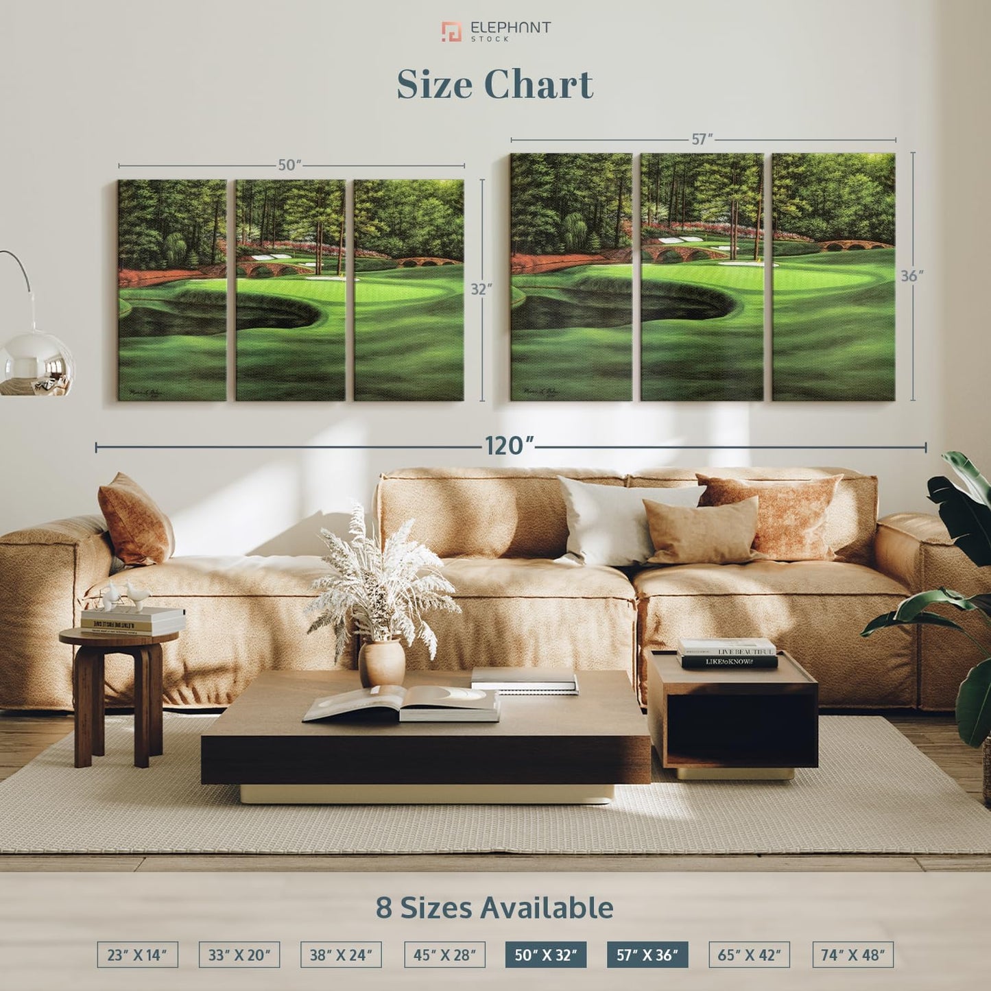 ElephantStock Augusta National 11th Hole I Wall Art - Horizontal Canvas - 3-Piece Living Room Wall Decor - Painting Sports Canvas Print - Green and Brown Decor for Wall by Marci Rule - 57" X 36"