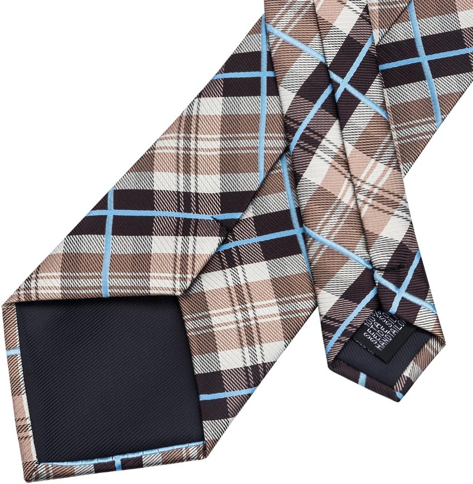 Barry.Wang Designer Classic Ties for Men Set Formal Pocket Square Cufflink Check Plaid