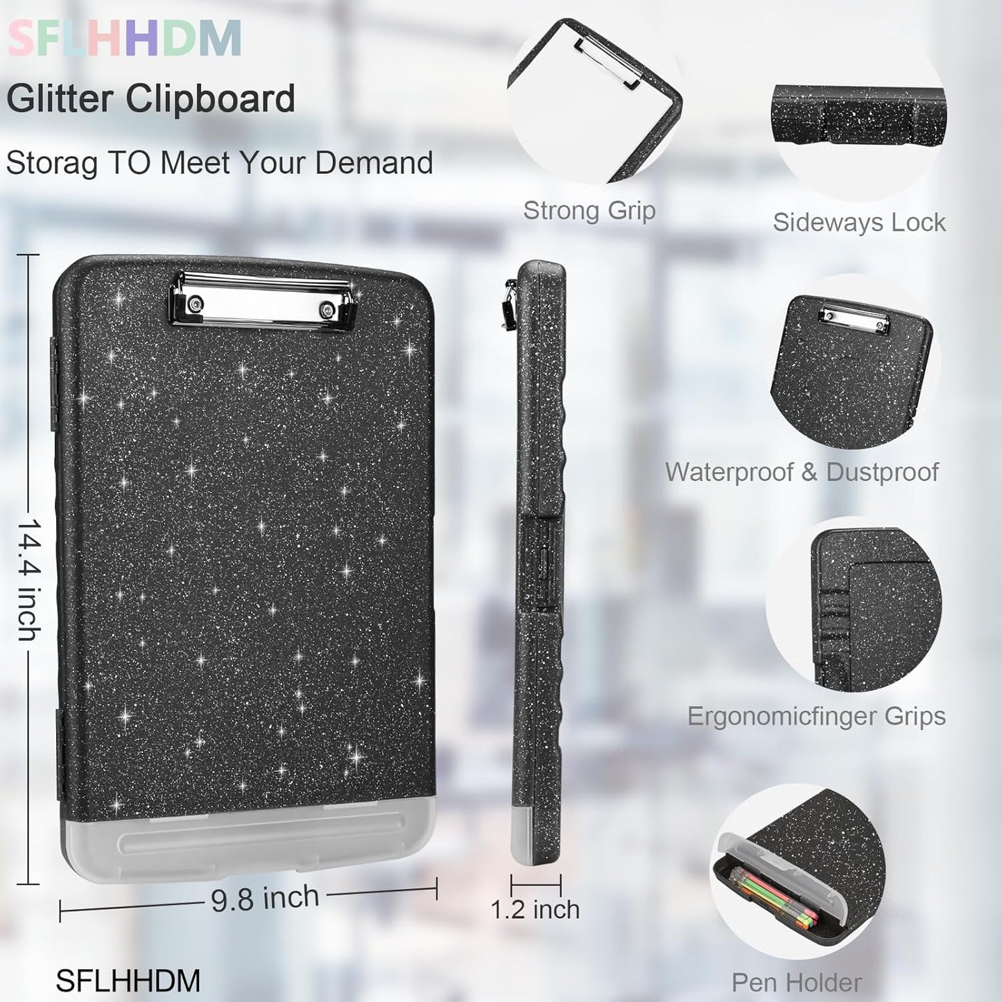 Glitter Clipboard with Storage,Storage Clipboard with Pen Holder,A4 Binder Clip Boards 8.5x11 with Low Profile Clip,Side Opening Sparkle Clipboards,Plastic Clipboards Folder for Office Supplies-Black