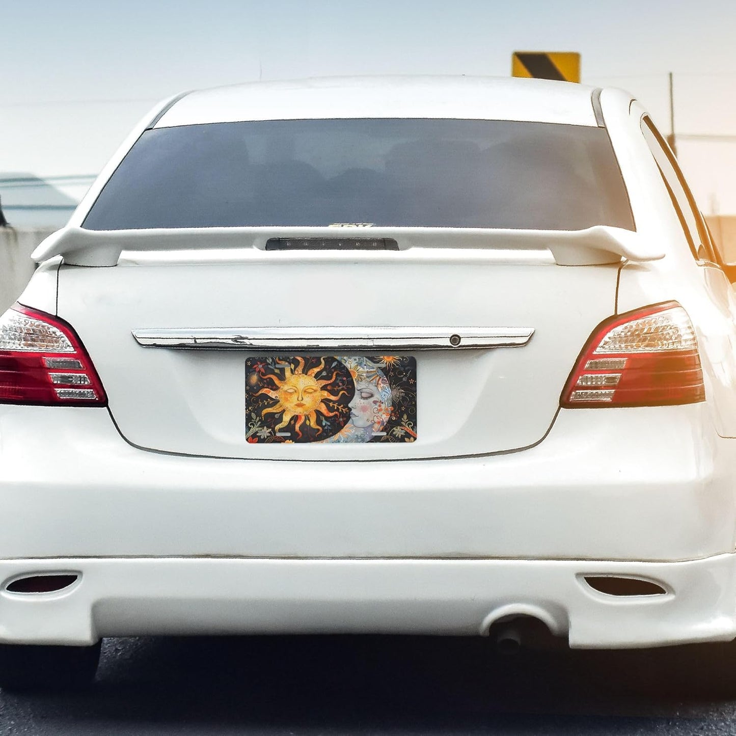 Front License Plate for Car Designs Abstract Sun Moon Flower Stainless License Plate Cover Holder for Men Women Metal Aluminum Decorative Accessory Vanity Tag Standard 6 X 12 Inch (4 Holes)