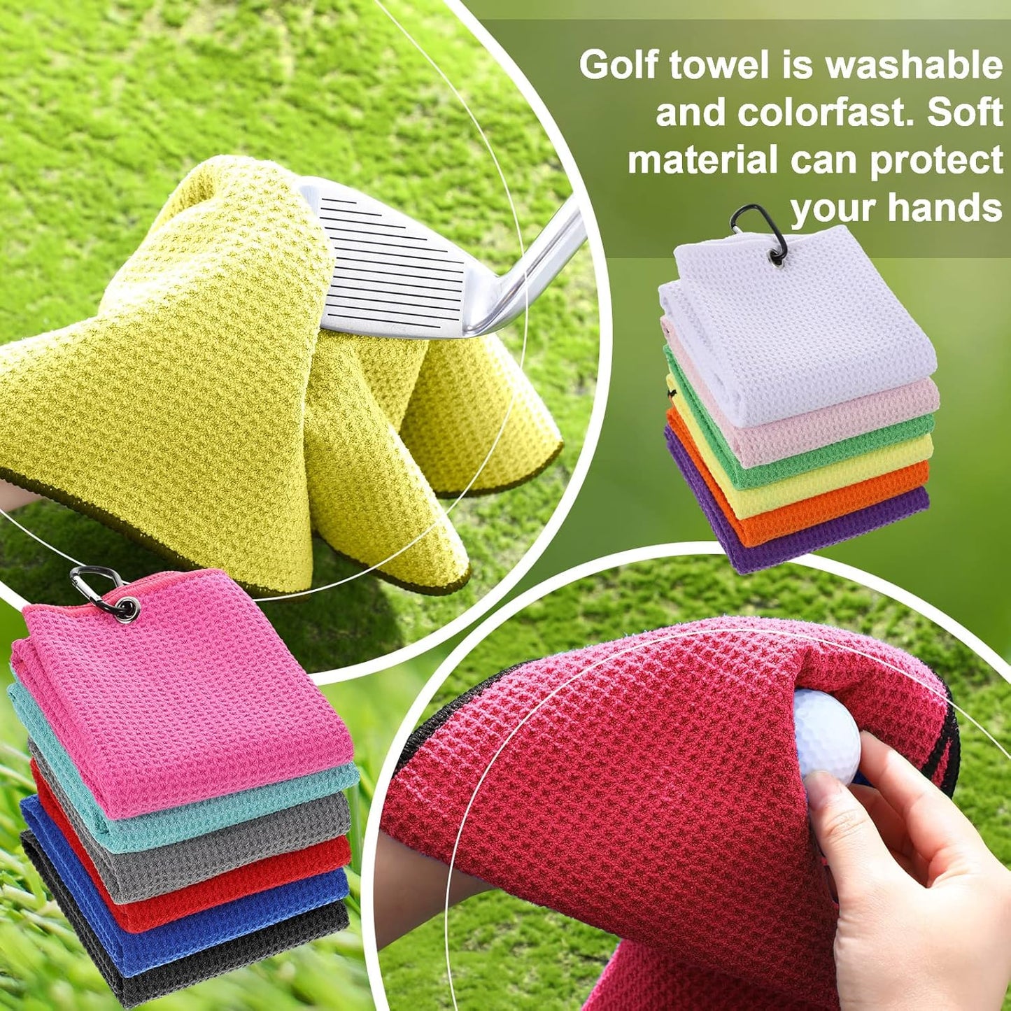 Batiyeer 12 Pcs Golf Towel Bulk for Golf Bags 16'' x 16'' Microfiber Fabric Towel with Clip Waffle Pattern, Fitness, Camping, Hiking, Yoga
