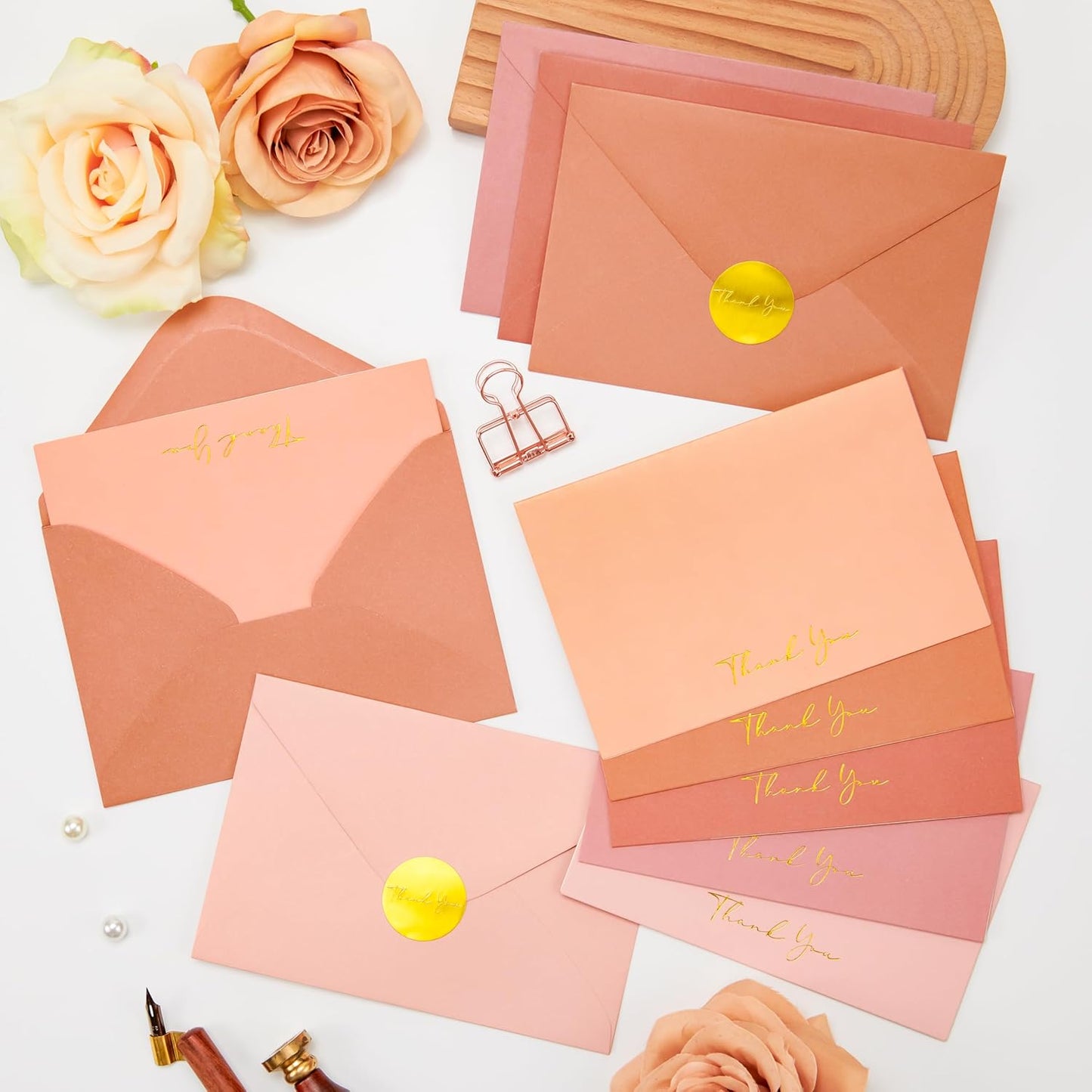 Crisky Pink Thank You Cards with Envelopes & Stickers， 50 Pack Gold Foil Bridal Shower Graduation Thank You Cards Small Business, Wedding Baby Shower Birthday Funeral Notes Bulk
