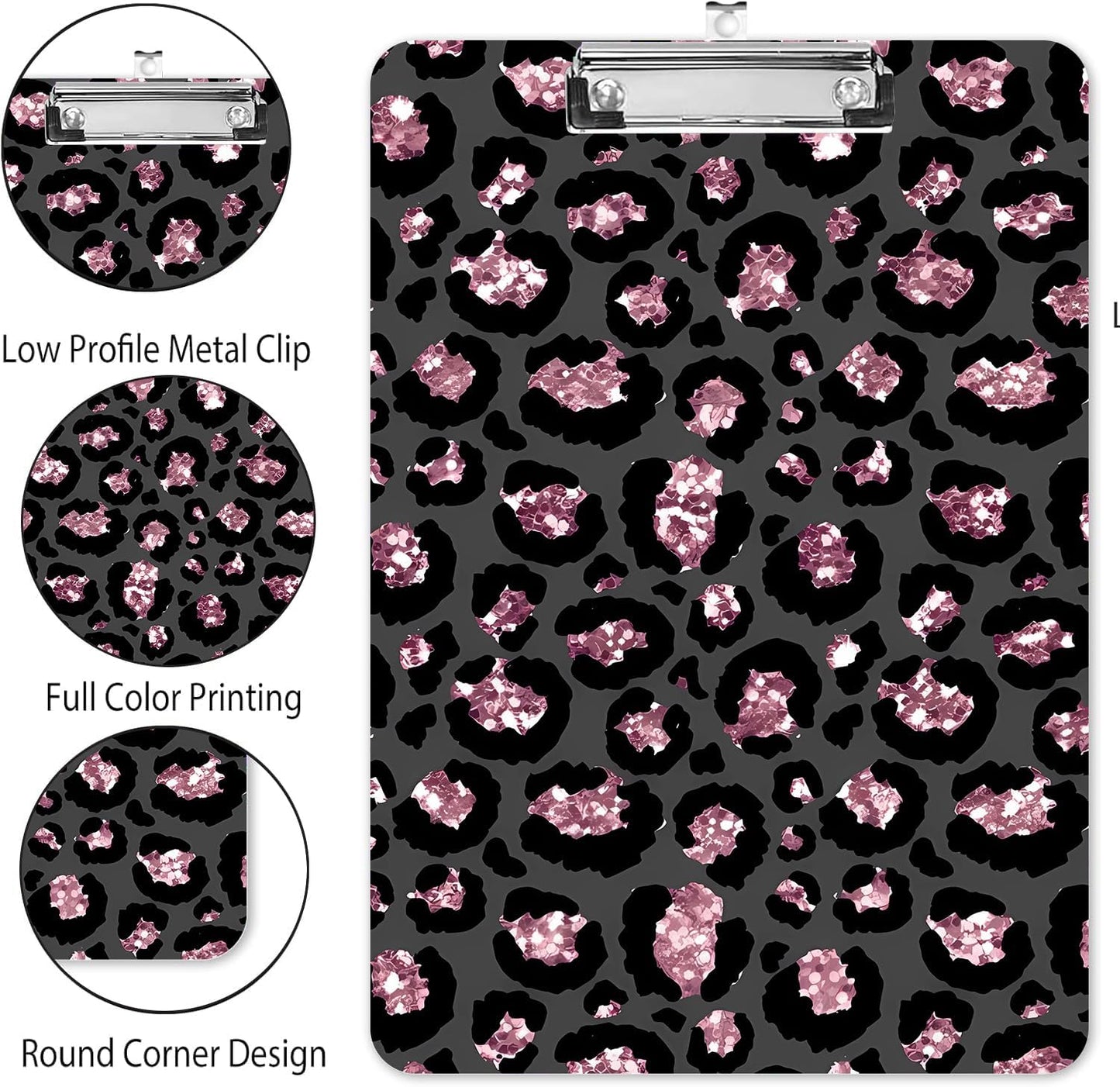 Fashion A4 Clipboard, Standard Letter Size 9" x 12.5", Decorative Wooden Clipboard with Low Profile Metal Clip for Office, School, Teachers, and Students, Pink Leopard