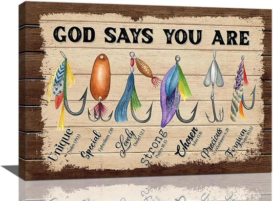 Fishing Wall Art, Fish God Says You Are Pictures Wall Decor Coastal Canvas Prints Framed Artwork Paintings Home Office Decorations For Bathroom Bedroom Living Room Kitchen 24l X 16w