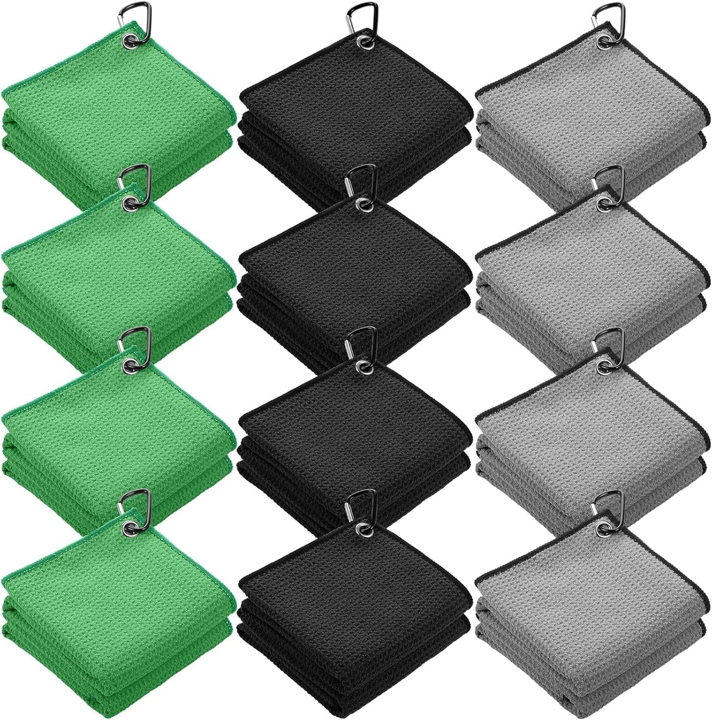 Batiyeer 12 Pcs Golf Towel Bulk for Golf Bags 16'' x 16'' Microfiber Fabric Towel with Clip Waffle Pattern, Fitness, Camping, Hiking, Yoga