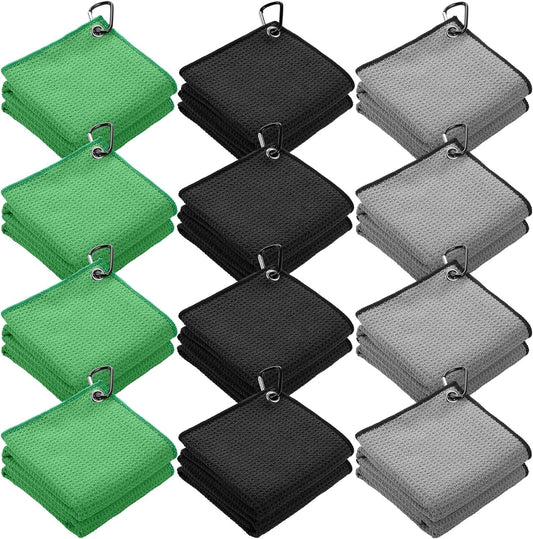 Batiyeer 12 Pcs Golf Towel Bulk for Golf Bags 16'' x 16'' Microfiber Fabric Towel with Clip Waffle Pattern, Fitness, Camping, Hiking, Yoga
