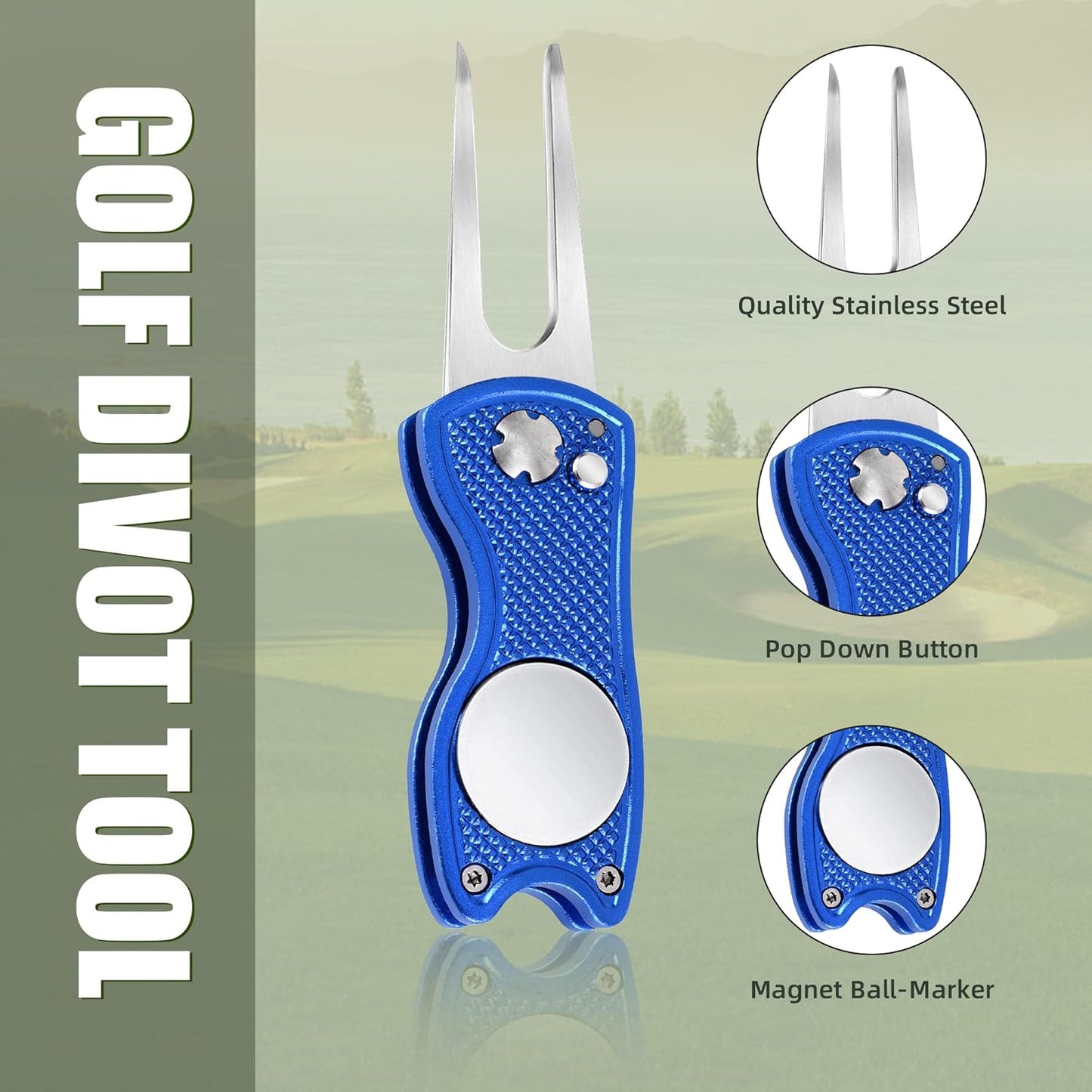 Mile High Life Golf Divot Repair Tool, All Metal Foldable Divot Tool with Pop-up Button & Magnetic Ball Marker, 2-6 Pack