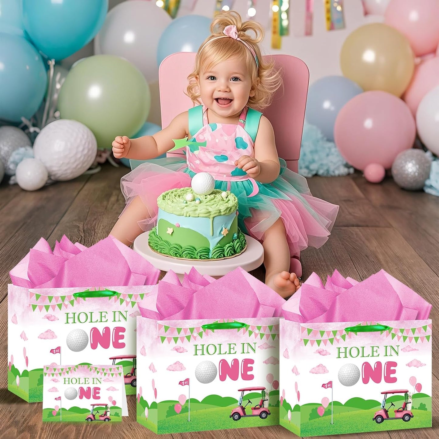 Hole in One Birthday Decorations Pink Hole in One Gift Bag Pink Green Golf First Party Bag Christmas 1st Birthday Wrapping Bag with Card and Tissue Papers for Girls Newborn Baby Shower Party Supplies