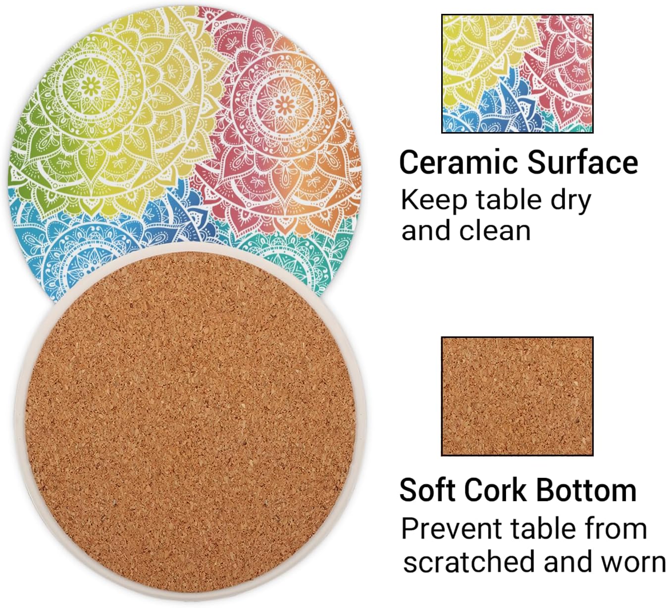 Ceramic Coasters for Drinks with Cork Back, Colorful Mandala Harmony 4 Inch Absorbent Coaster Set 2 Pack, Quick Dry Non-Slip Coaster Mats for Home, Office, Bar