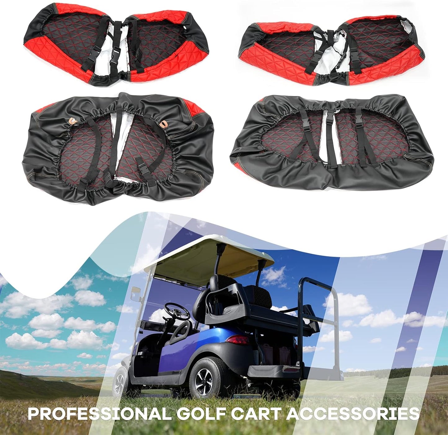 XUANYUDG0769 Golf Cart Front and Rear Seat Covers for EZGO TXT/RXV Club Car DS/Precedent Yamaha G29, Vinyl Leather Made/Adjustable Straps and Retractable Buckle/No Stapler Required,4PCS