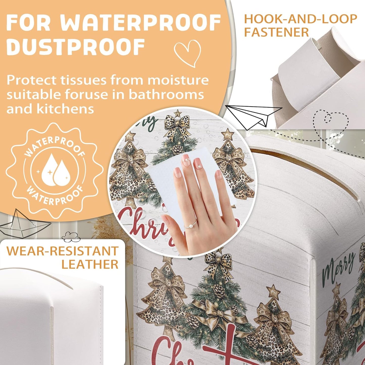 Leopard Print Christmas Tree Box Holder, Coquette Bow Sublimation Leather Tissue Box Cover Square, Paper Facial Decorative Tissues Cover for Night Stands Bathroom Office Home Decor-B29