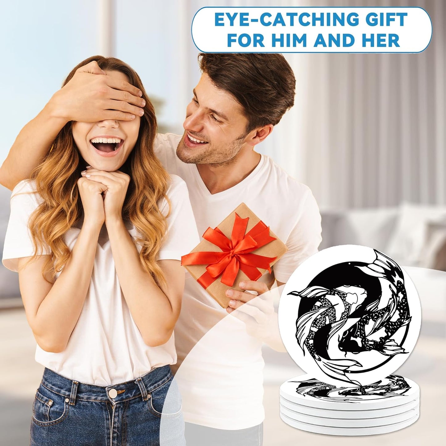 Drinks Coasters Set of 4, Yin Yang Fish Round 4" Cup Coasters, Absorbent Ceramic Stone Coasters with Cork Base, Cute Coasters for Table Home Décor, Ideal Gifts for Women Men