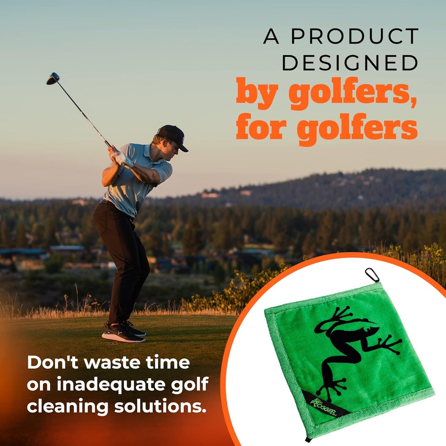 Frogger Amphibian 2-in-1 Golf Towel with Wet and Dry Technology, Green, Premium Golf Bag Accessory with Carabiner Clip, Ultra Absorbent, for Golf Dads