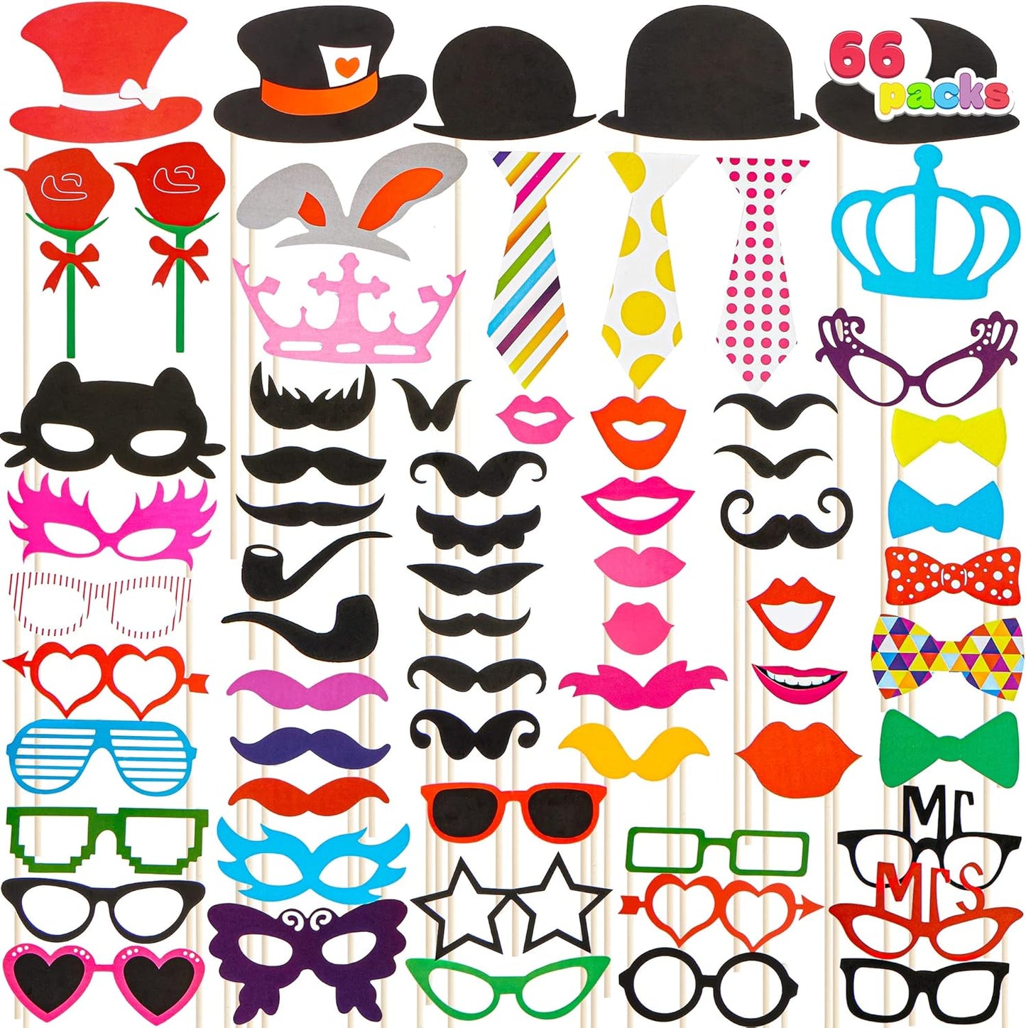 Joyin Toy Photo Booth Props 66 Pieces，Multicolor Kit for Graduation Wedding Party Supplies Favors，with Stick, Hats, Glasses, Mouth, Bowler, Bowties