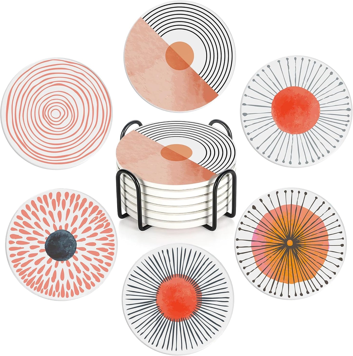 Table Coaster for Drinks Set of 6, Coral Watercolor Series Round Ceramic Coasters,with Cork Base and Metal Holder,Great Housewarming Birthday Gifts,Home Decor