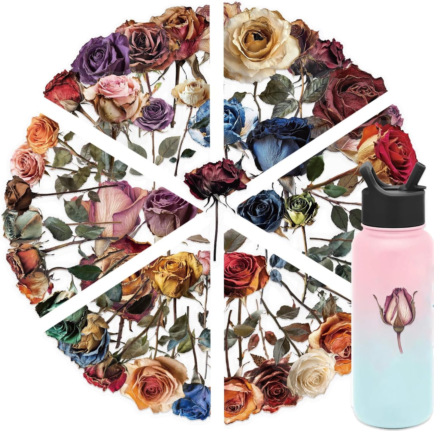 200 Pcs Natural Flower Stickers for Scrapbooking, Self-Adhesive Transparent Floral Stickers in 4 Colors, Journaling Supplies for Adult Card Making, Water Bottle Decoration (Vintage Rose)