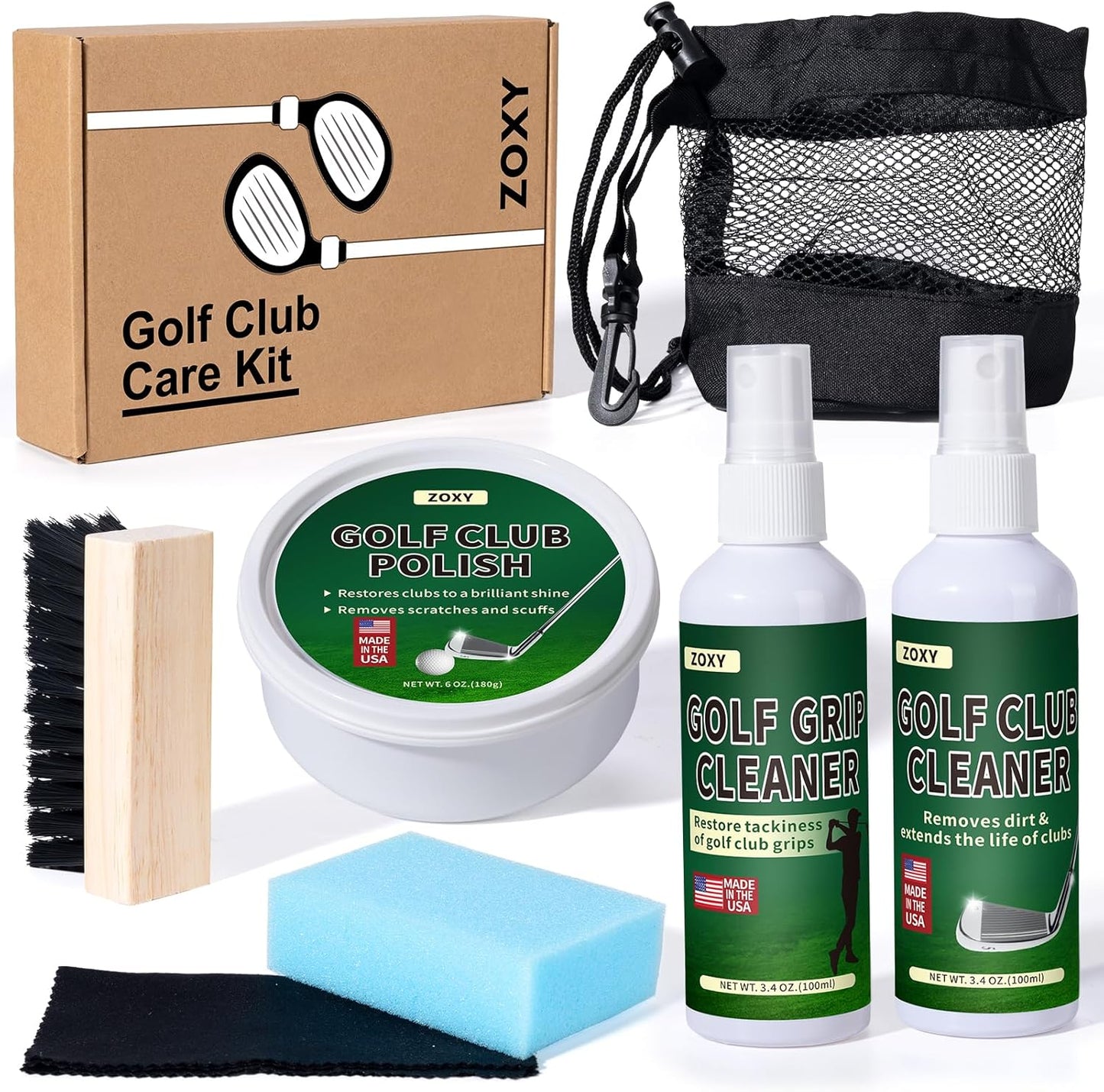 ZOXY Golf Club Cleaning Kit–Clean, Polish, and Restore Irons, Drivers, Putters–Golf Club Polishing Kit with Golf Club Polish, Golf Club Cleaner, Golf Grip Solvent