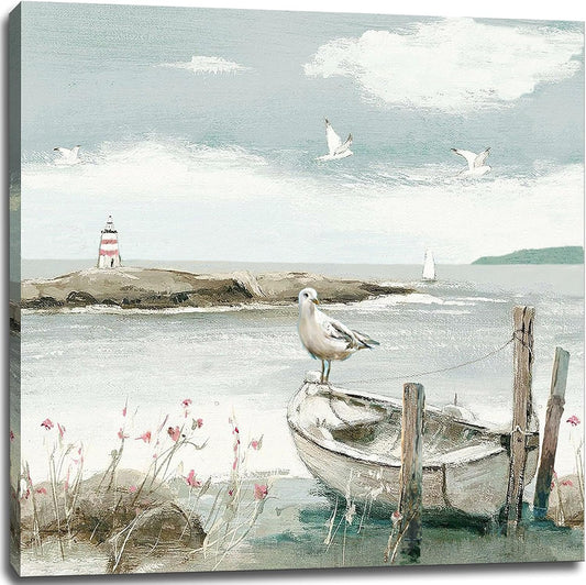 dgbtcart Bathroom Vintage Decor Beach Wall Art Ocean Theme Coastal Picture Canvas Print Sea Birds Seagull Seascape Artwork Hanging for Dining Office Living Room Bedroom 14"x14"inch