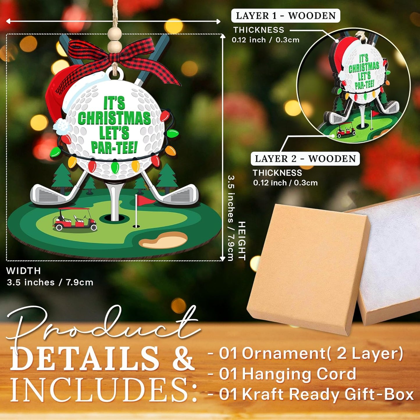 HEXMOZ Golf Christmas Ornaments 2025 - Christmas Golf Gifts for Men - Golfing Gifts for Golfers, Players, Fans - Cool Sports Present Ideas, Holiday Tree Decorations - Wood Xmas Ornaments