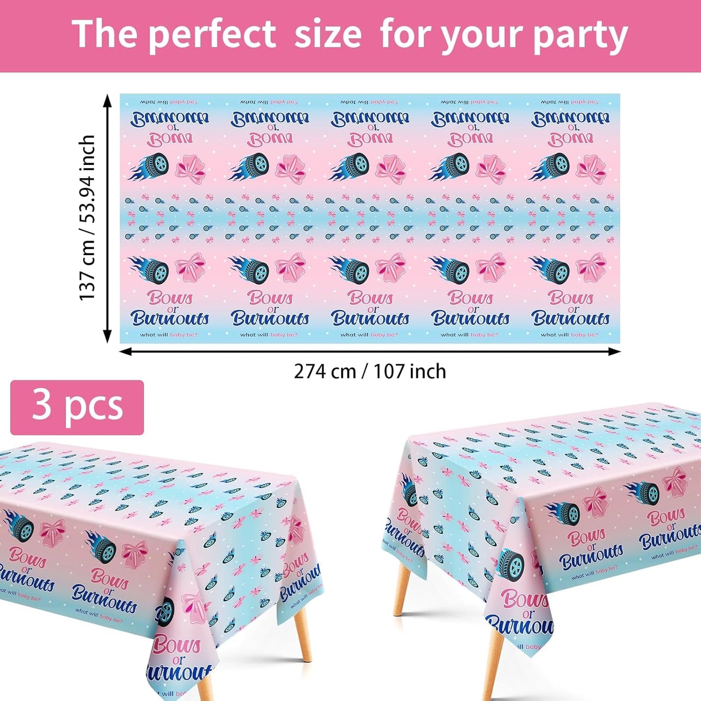Grencian 3Pcs Burnouts or Bows Gender Reveal Tablecloth Boy or Girl Table Cover Plastic Rectangle He or She Table Cloth Party Decorations for Gender Reveal Baby Shower Party Supplies 54" x 107"