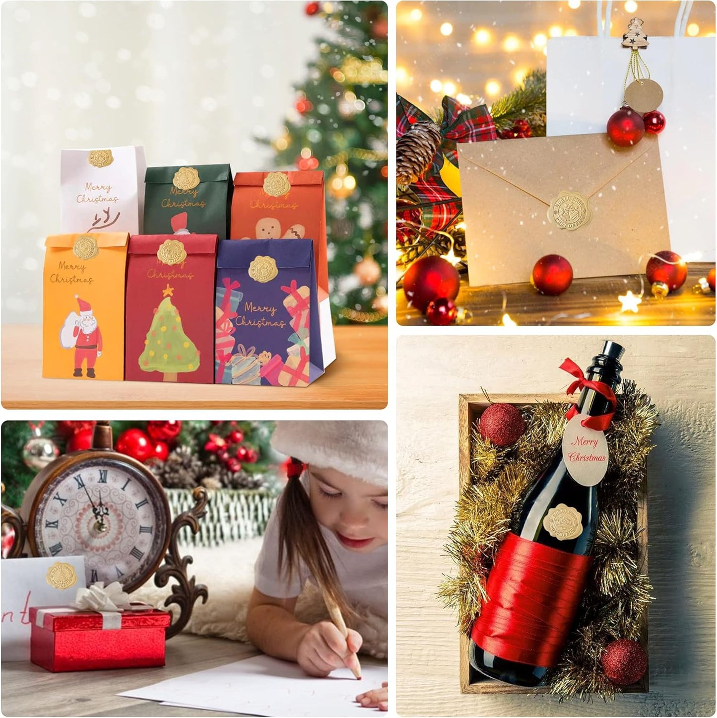 300pcs Gold Christmas Embossed Wax Seal Looking Envelope Seals for Gifts Packages/Party Favors, Self-Adhesive