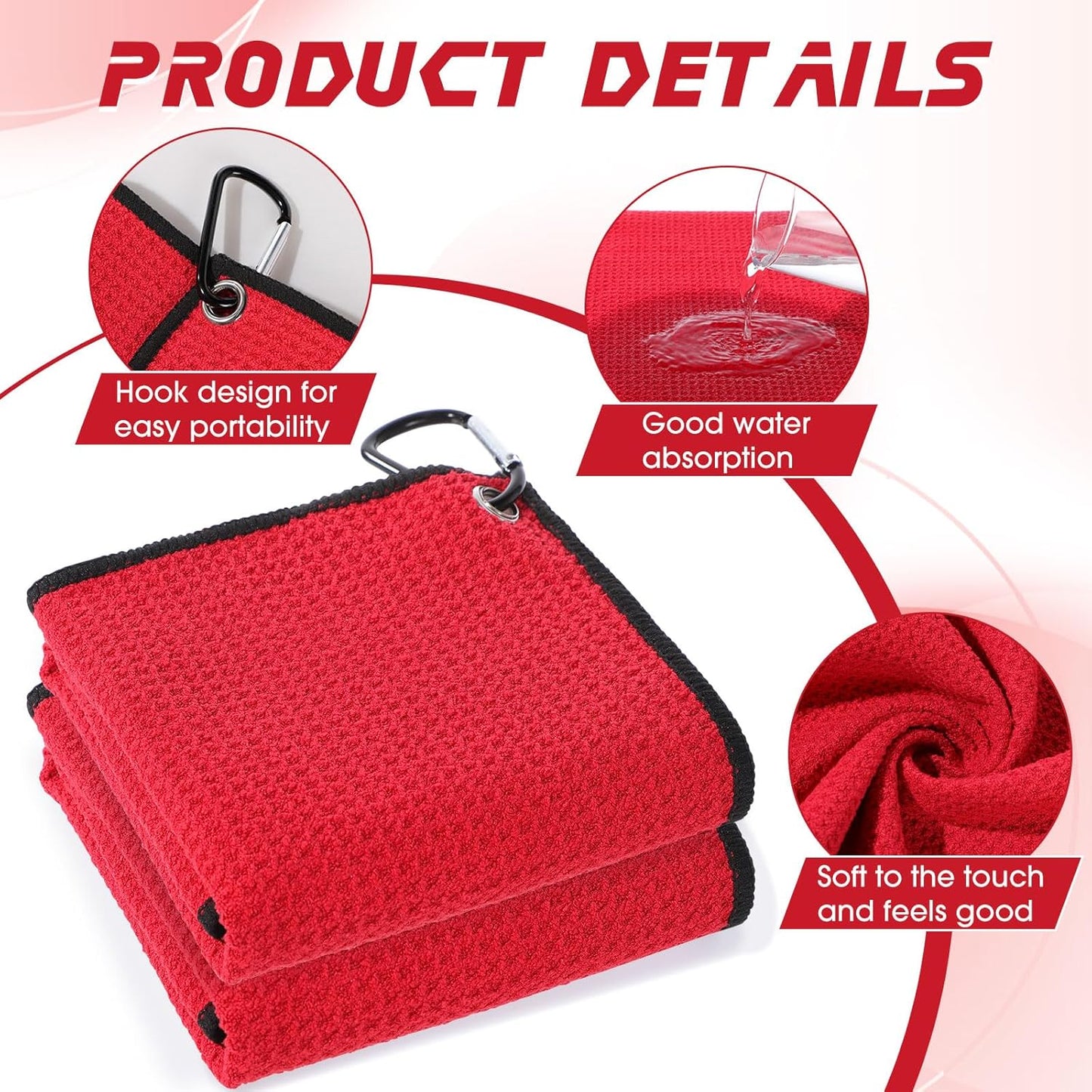 Batiyeer 30 Pcs Golf Towels Bulk for Bags 16'' x 16'' Microfiber Fabric Golf Towel with Clip Waffle Pattern for Men Mini Tournament Fitness Yoga Camping (Red)