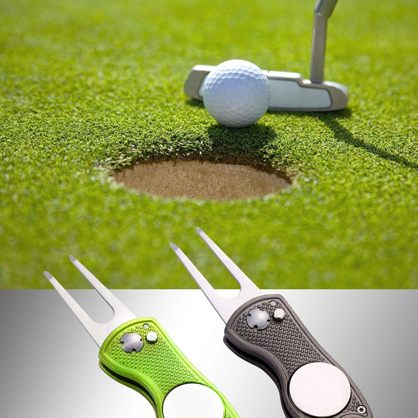 2 Pack Metal Foldable Golf Divot Tool with Pop-up Button & Magnetic Ball Marker (Pack of 2, Fish Design)