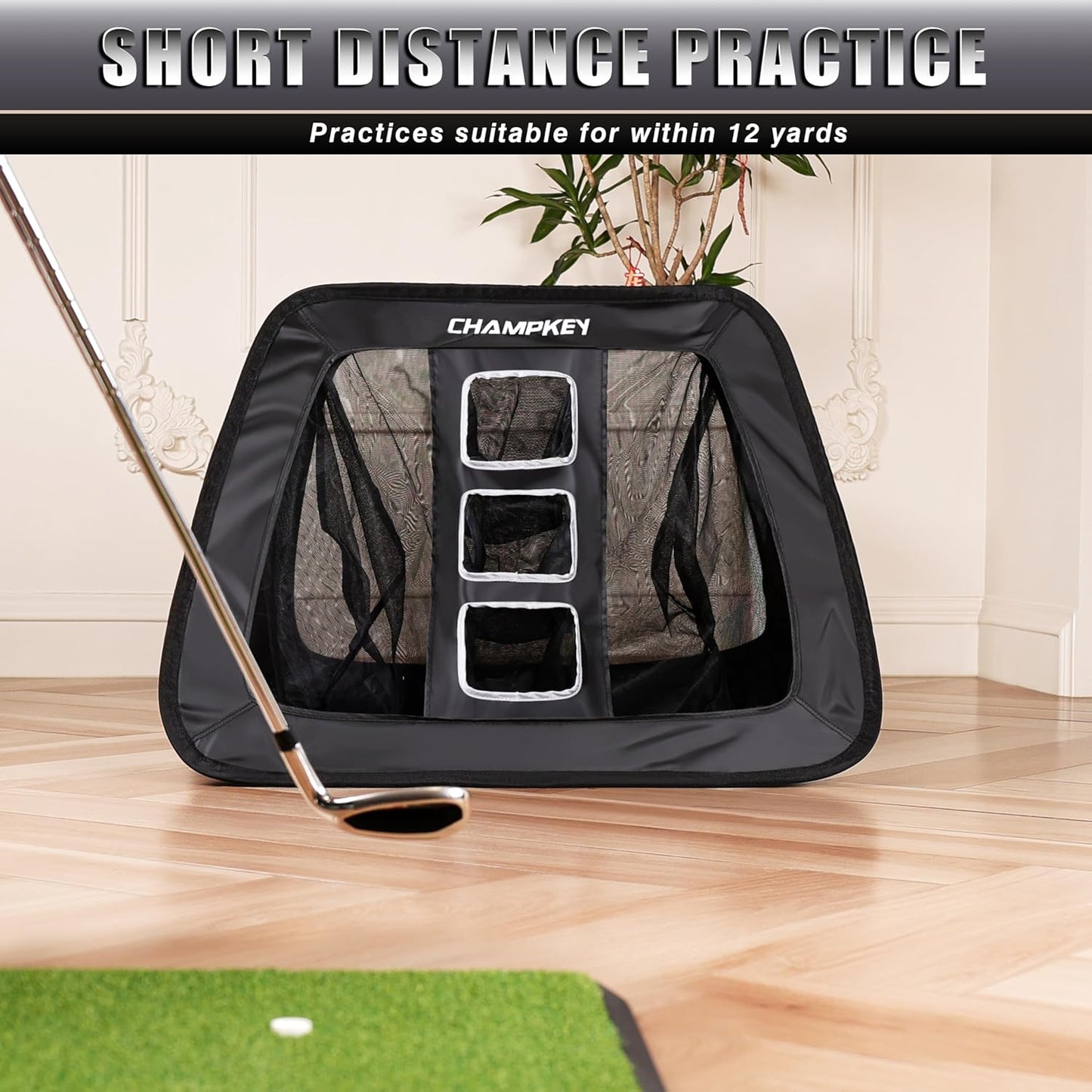 CHAMPKEY Double -Sided Golf Chipping Net with Mat and 12 Foam Balls - Professional Golf Practice Net Ideal for Indoor and Outdoor Training