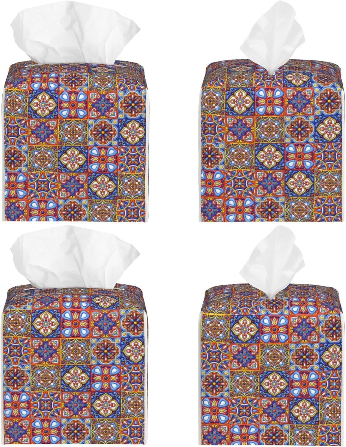 Mexican Talavera Ceramic Tile Tissue Box Cover Square, Retro Boho Flowers Tissue Box Holder Waterproof Leather Facial Paper Organizer Dispenser for Bathroom Home Car Nightstand Vanity Desk